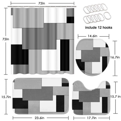 Tayney Grey Geometric Shower Curtain Set with Toilet Lid Cover and Non-Slip Rugs for Bathroom, Black White Checkered 4 Pcs Shower Curtain