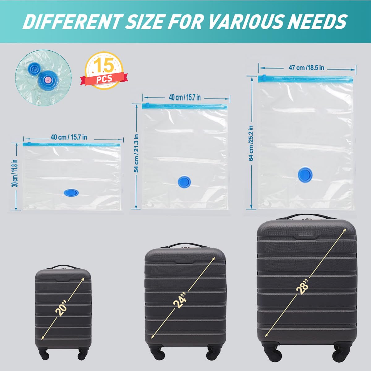 GQC 15 Pack Travel Vacuum Storage Bags for Luggage, Reusable Space Saver Bags for Clothes and Clothing Organisation, 4 (64x47cm) 3