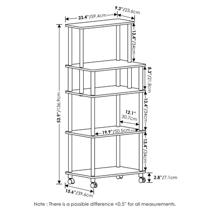 Furinno TURN-N-TUBE Bakers Rack with Wheels, 5-Tier Kitchen Storage Cart, Kitchen Cart, Coffee Bar, Pantry Organizers and Storage, Americano