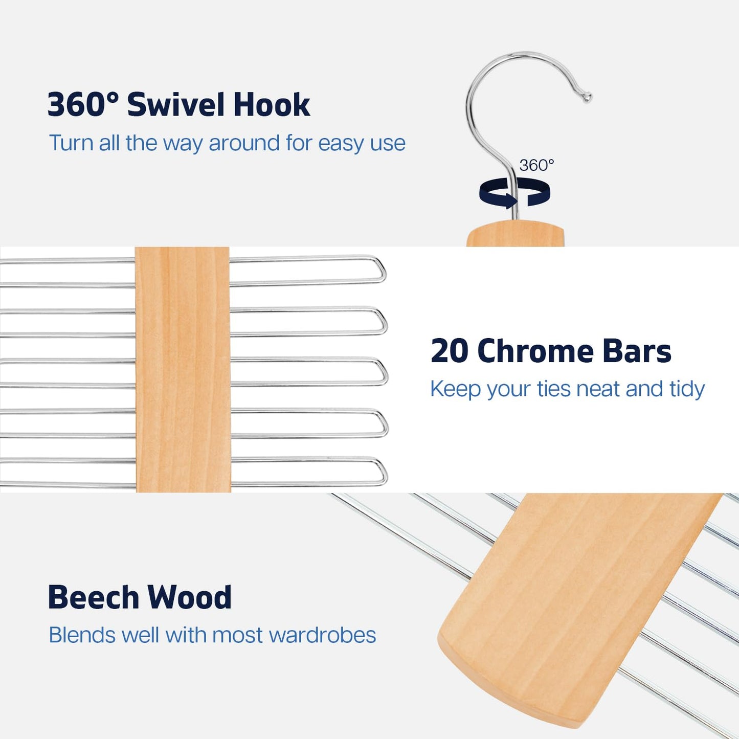 Tie Hanger for Wardrobe | Wooden Tie Organiser for Men with 20 Non-Slip Chrome Bars