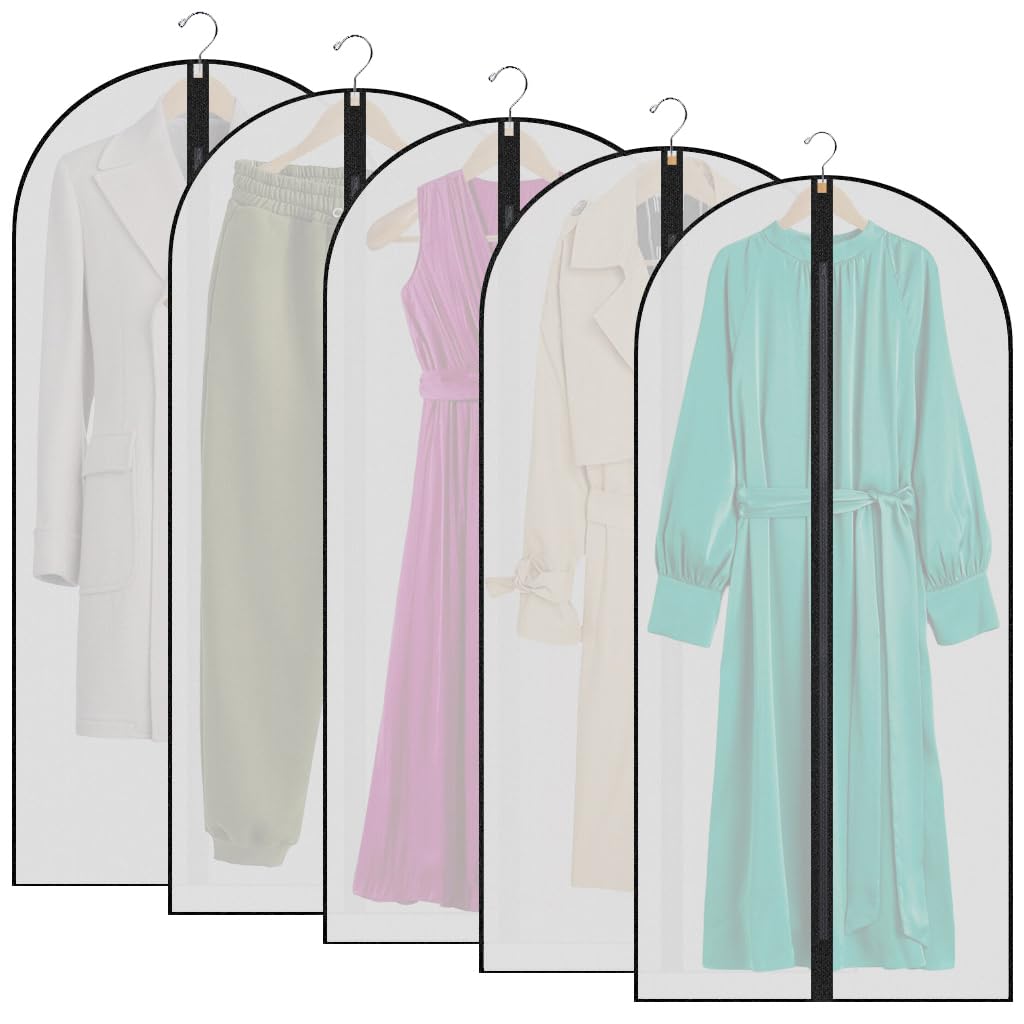 Garment Bags,5PCS Dustproof Garment Covers PEVA Translucent Clothes Covers with Zip Moth Proof Suit Protector Bags Waterproof Dress Covers for Shirts