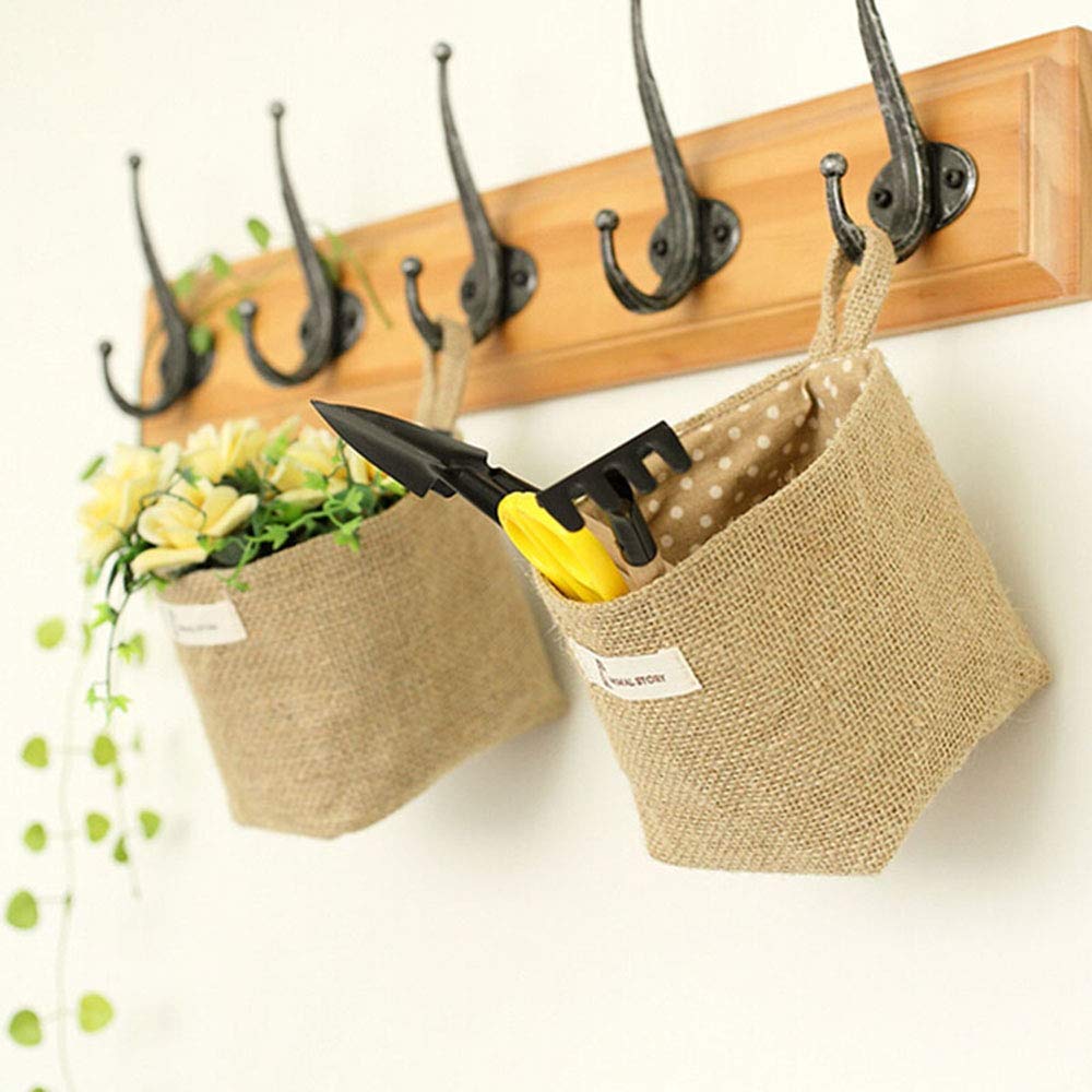 Feelfly 4 PCS Mini Hanging Storage Bags, Cotton Linen Small Storage Basket Wall Hanging Organizer Box Wall Mounted Storage Pocket Collapsible Decor