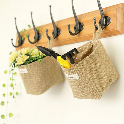 Feelfly 4 PCS Mini Hanging Storage Bags, Cotton Linen Small Storage Basket Wall Hanging Organizer Box Wall Mounted Storage Pocket Collapsible Decor