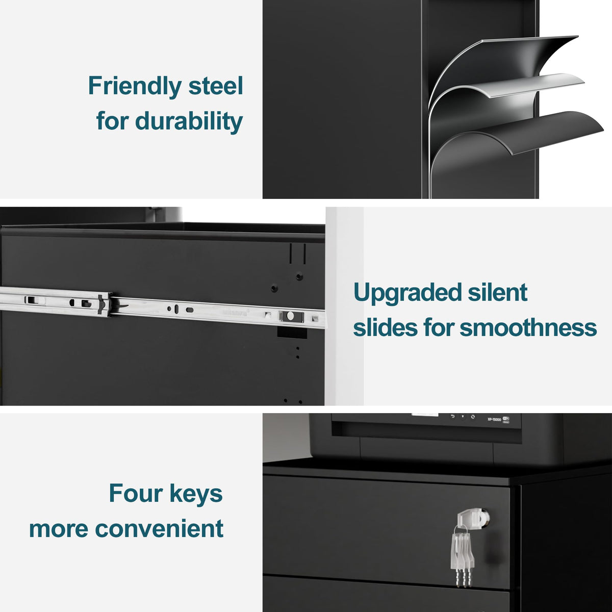 LVSTEEL 3-Drawer Mobile Filing Cabinet with Lock, Steel Office File Cabinet on Wheels, Under Desk Metal Cabinet for A4/Letter/Legal, Fully Assembled