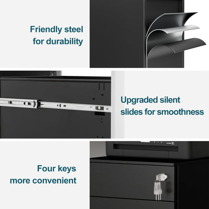 LVSTEEL 3-Drawer Mobile Filing Cabinet with Lock, Steel Office File Cabinet on Wheels, Under Desk Metal Cabinet for A4/Letter/Legal, Fully Assembled
