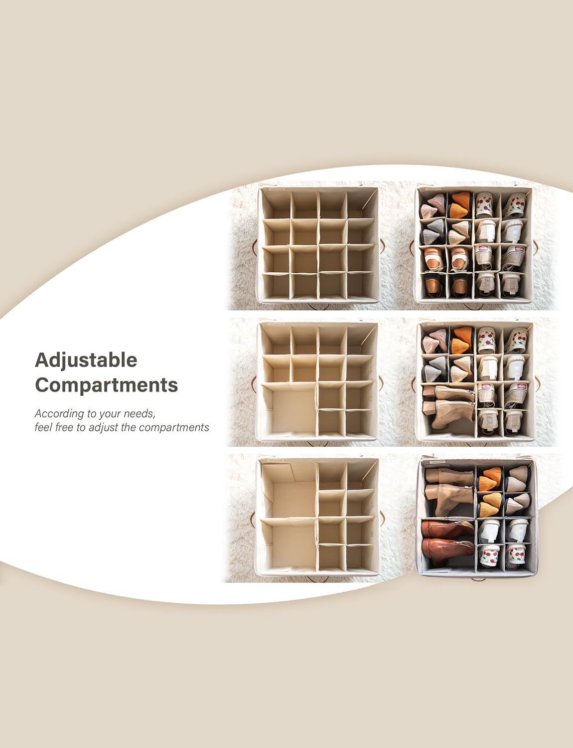 StorageWorks Shoe Organizer for Closet, Extra Large Fabric Shoe Storage Bins with Clear Cover, Adjustable Dividers for Shoe Storage, Beige, 1-Pack,