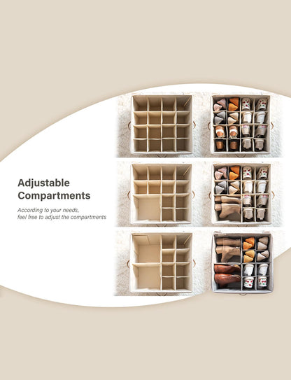StorageWorks Shoe Organizer for Closet, Extra Large Fabric Shoe Storage Bins with Clear Cover, Adjustable Dividers for Shoe Storage, Beige, 1-Pack,