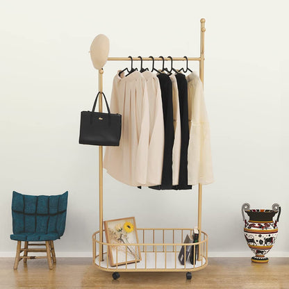 Cre Cra Golden Clothing Rack with Wheels Rolling Clothes Rack with Storage Basket Metal Moveable Coat Rack Stand Modern Garment Rack for Hanging
