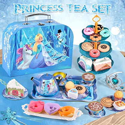 Toddlers Tea Set Frozen Toys Gifts for Girls 3 4 5 6 7 Years Frozen Elsa Tin Tea Party Set & Luxury Food Playset & Carry Case Princess Tea Time Kitchen Pretend Play Toys Princess Gift for Kids Girls