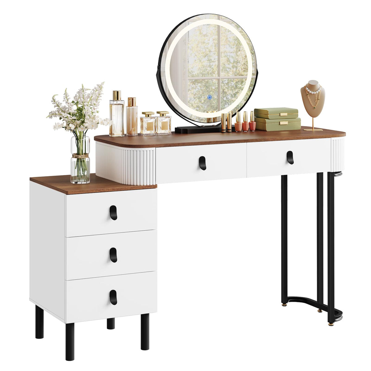 WOLTU Dressing Table, with Swivel Mirror, LED Lights 3-Colour Dimmable