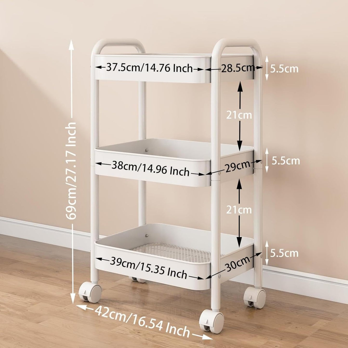 Nikphobos 3 Tier Storage Trolley, Metal Trolley Rolling Utility Cart on Wheels with Hooks, Multi-Purpose Organizer for Kitchen Bathroom Bedroom Office