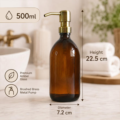 Amber Glass Bottles 500ml Soap Dispenser with Metal Pump (BPA-Free) Brown Glass Empty Soap Dispensers – Reusable Refillable Eco friendly