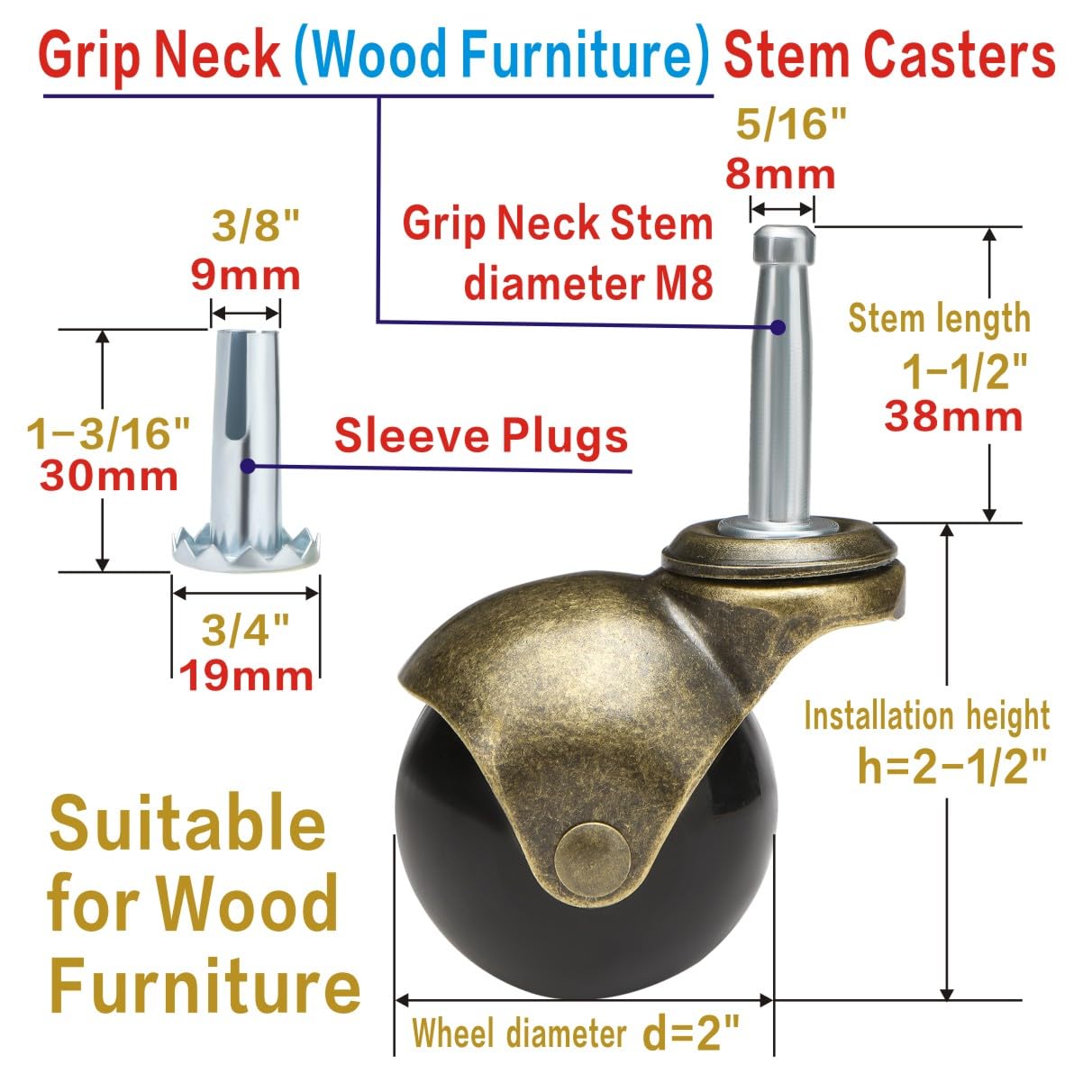 JGJC Stem Casters 2 inch, Ball Casters Set of 4 with Stem (5/16" x 1-1/2")