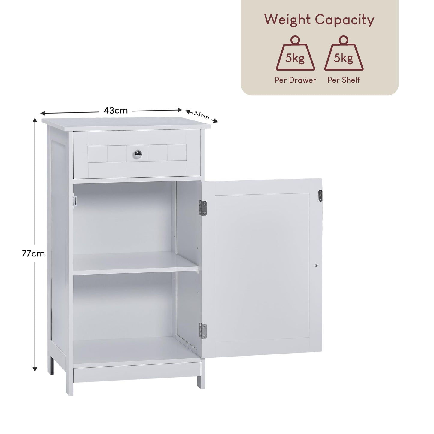 Bath Vida Priano Freestanding 1 Drawer 1 Door Bathroom Floor Cabinet, White