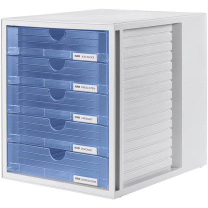 HAN 1450-64, Drawer set System box, Innovative, attractive design with 5 closed drawers, light-grey / translucent blue