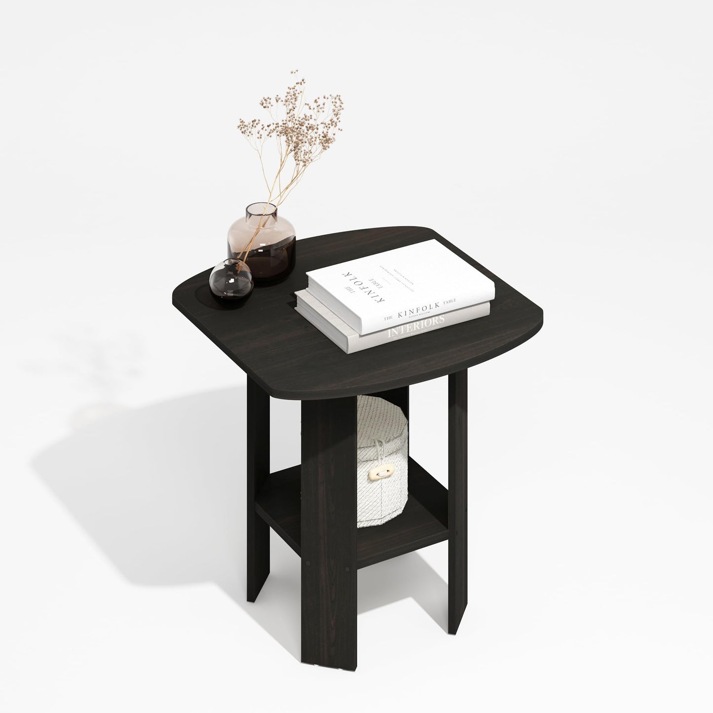 Furinno MODERN Side Table, Square Round Corner End Table with Storage Shelf, Night Stand, Bedside Table, for Living Room, Bedroom, Black Espresso