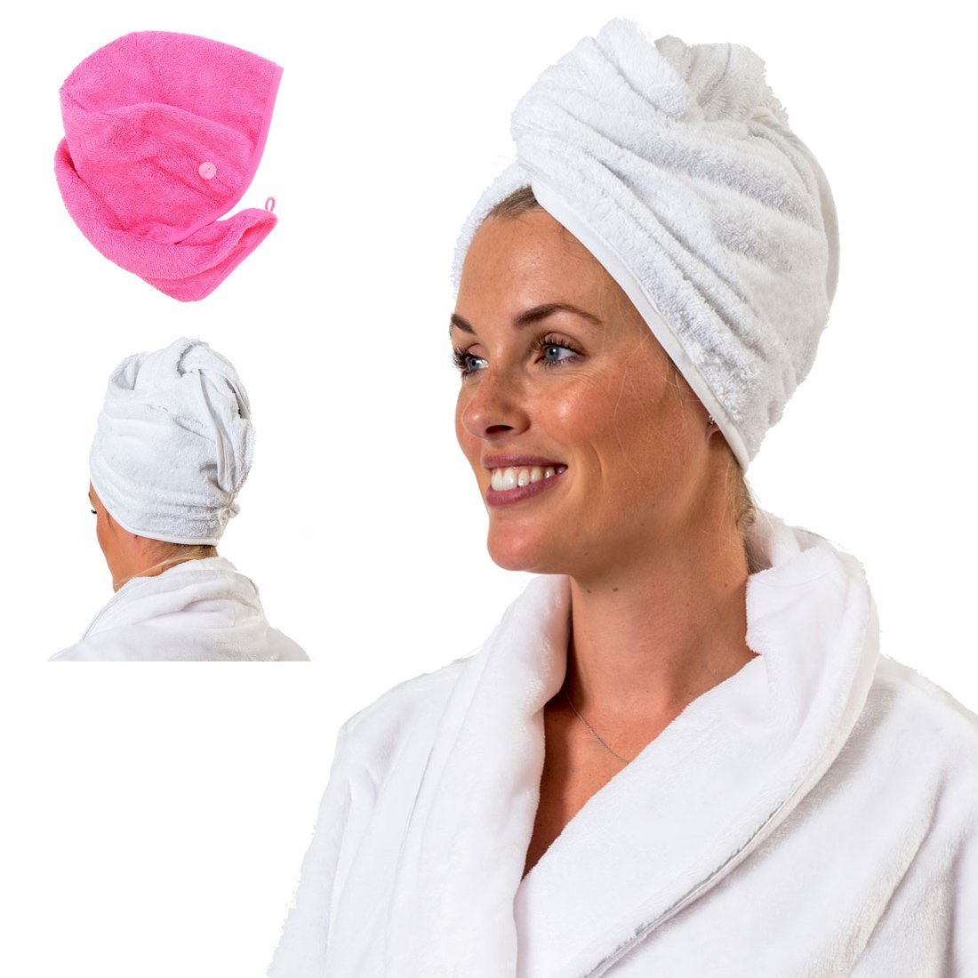 Aztex Luxury Hair Turban, Head Wrap, Hair Drying Towel with Loop and Button Fastener, Absorbent and Lightweight Cotton, Multiple Colours, 64 x 23cm