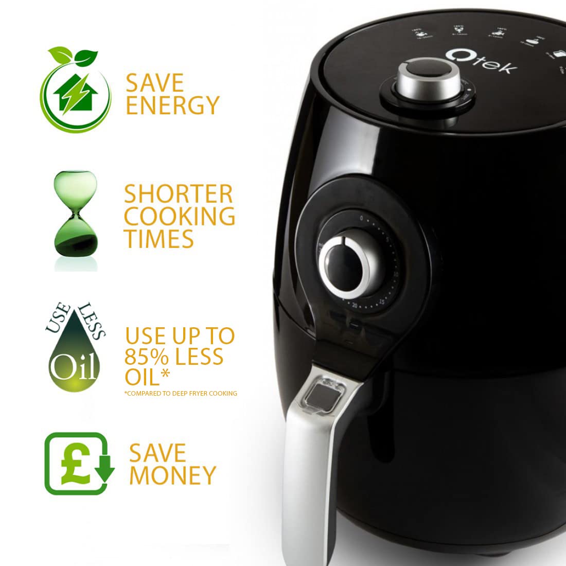 Otek 4.5L Air Fryer | 1450W | Low Fat | Healthier Oil Free Frying | Compact Cooker Oven | Timer | Rapid Heating & Air Flow Circulation | Adjustable