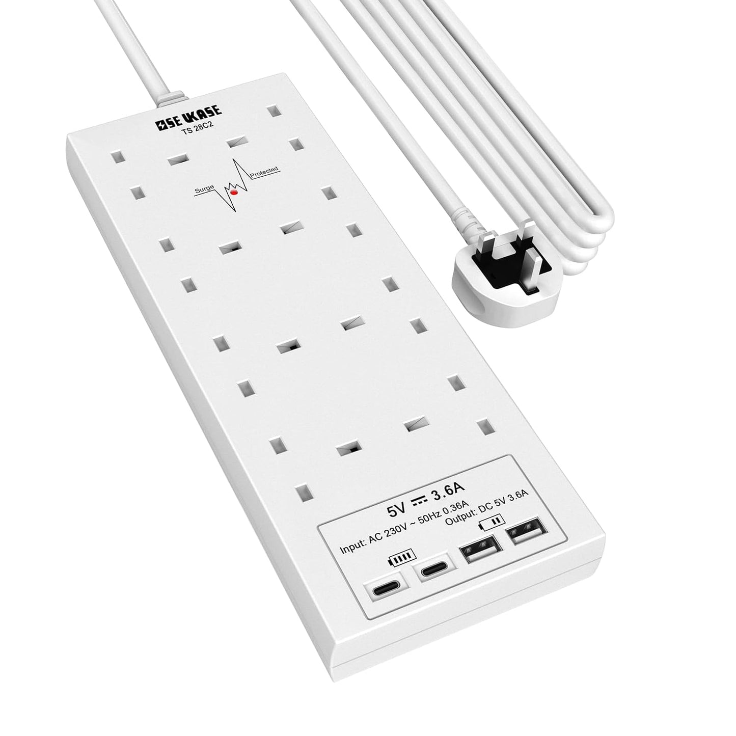 Extension Lead with USB Slots, 4 Way Socket Surge Protection with 4 USB Charger(2C+2A) Multi Plug 2990W Safety Shutter with 4M Extension Cord for TV