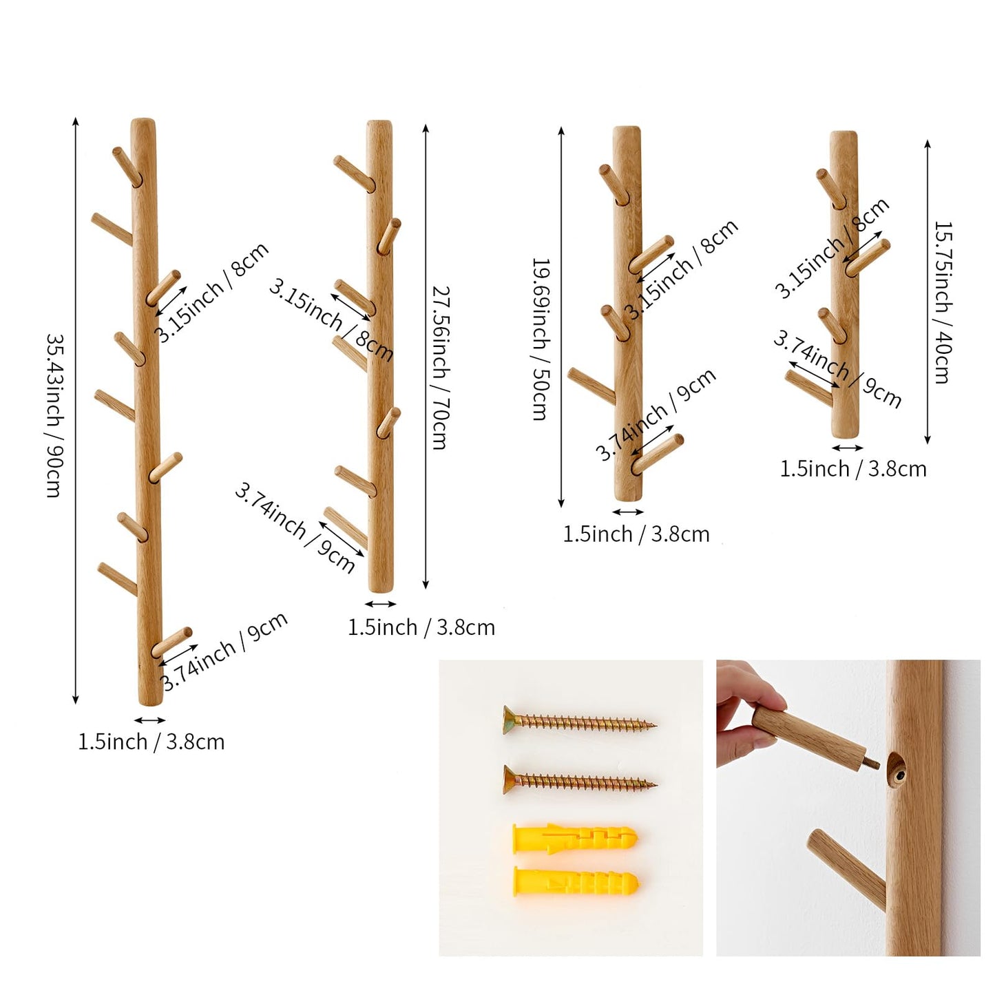 OAKERLAND Wooden Coat Rack Wall Mounted, 50cm Oak Floating Hooks for Jackets, Bag, Scarves, Handbags, 5 Hooks Branch Shape Coat Rack for Entryway