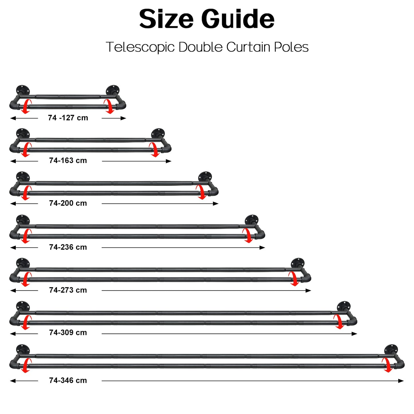 Harrms Industrial Double Curtain Pole, Curtain Poles for Eyelet Curtains, Matt Black, 74-273cm, Extendable Metal Curtain Rod Blackout Room Darkening