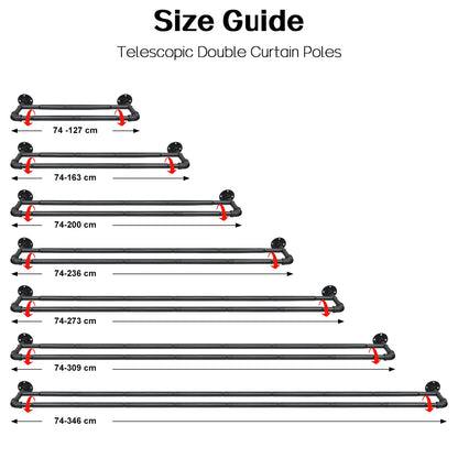 Harrms Industrial Double Curtain Pole, Curtain Poles for Eyelet Curtains, Matt Black, 74-273cm, Extendable Metal Curtain Rod Blackout Room Darkening