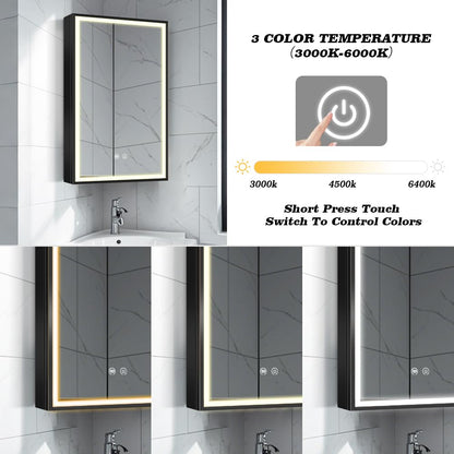 Janboe Corner Medicine Cabinet with Light,3 Colors,Dimmable,Demister,USB Shaver Socket,Brush Aluminum Framed,13.8×27.5inch