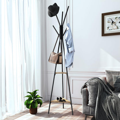 BAKAJI Black Floor Coat Rack Space-Saving Toronto Model, Floor Stand with 5 Hooks and 2 Shelves for Entrance, Clothes Stand for Coats, Hats, Bags
