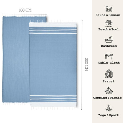 NOUR Hammam Towel Beach Towel Pack of 2 Large 100 x 200 cm 100% Cotton Picnic Blanket Sauna Towel Extra Light Absorbent Quick Drying Sand-Free