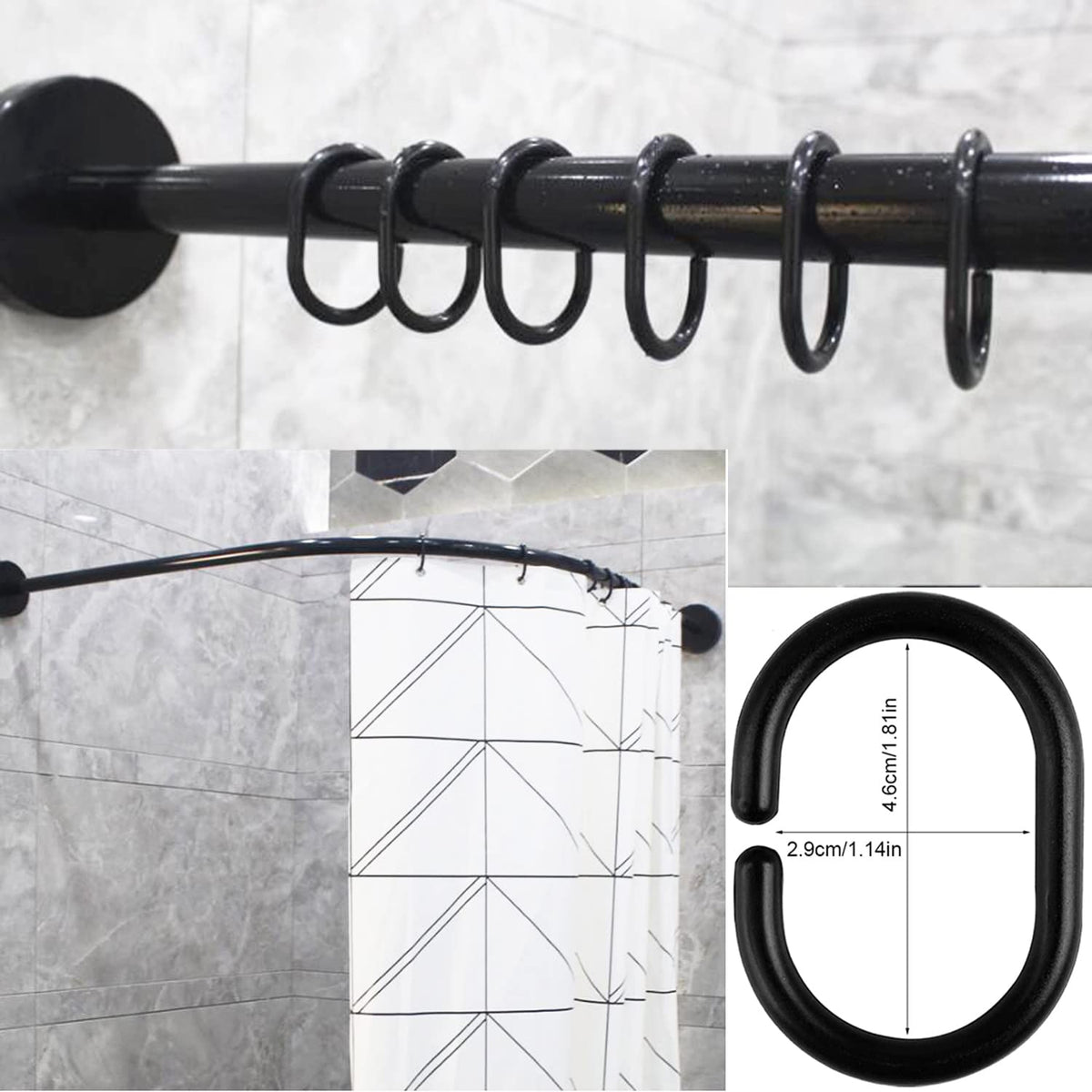 Lanjue 36 Pack Shower Curtain Rings, Black Plastic C Hooks