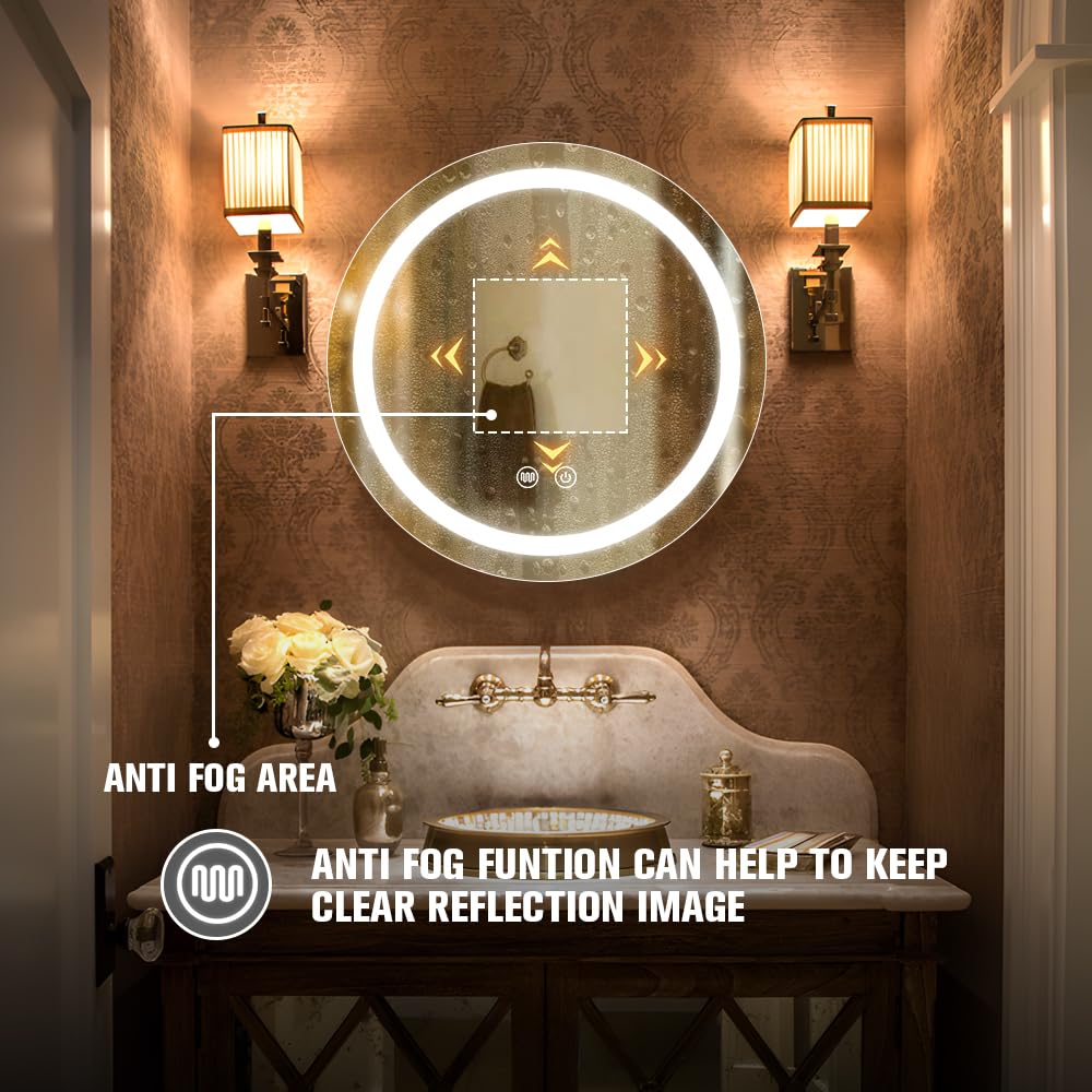 Janboe 51cm Round Mirror Cabinet with Lights,with Defogger,Dimmable,Anti-Fog,3 Colors,Gold