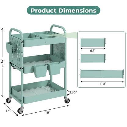 danpinera 3 Tier Rolling Cart, Metal Utility Cart with DIY Pegboard, Rolling Carts with 3 Dividers