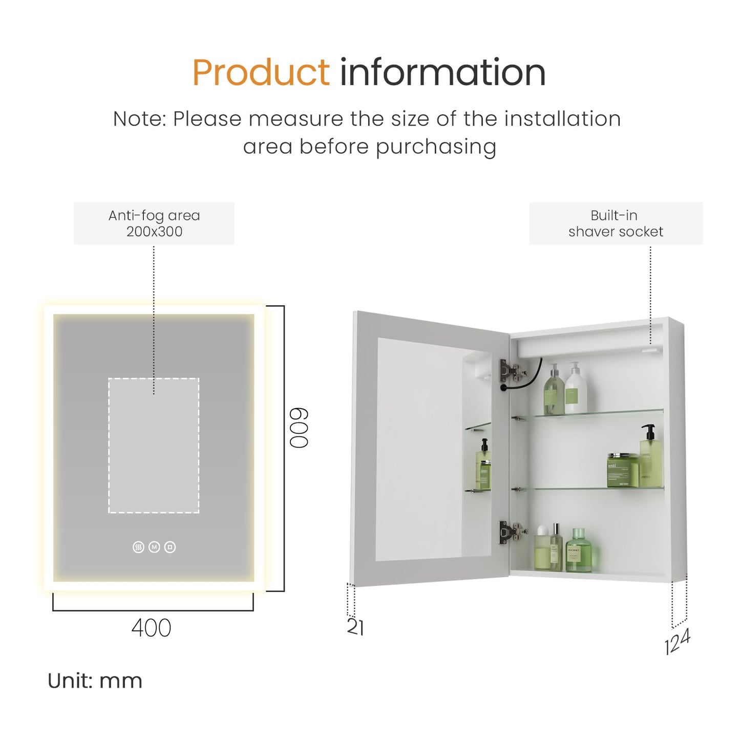 EMKE LED Lighted Bathroom Cabinet with Mirror, 400x600mm Single Door Wall Mounted Bathroom Mirror Cabinet with Shaver Socket, Anti-Fog