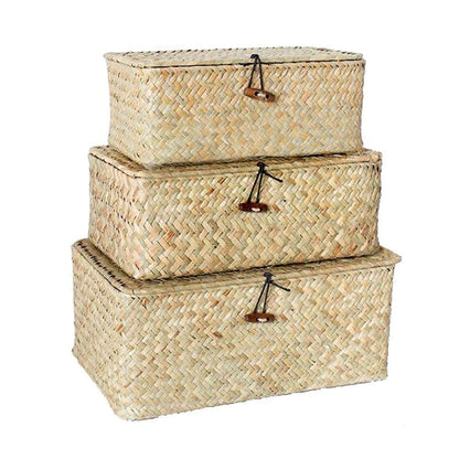 YSGLIFE Set of 3 Rectangular Storage Shelf Basket with Lid Seagrass Rattan Woven Multipurpose Organizer Boxes for Clothes, Makeup