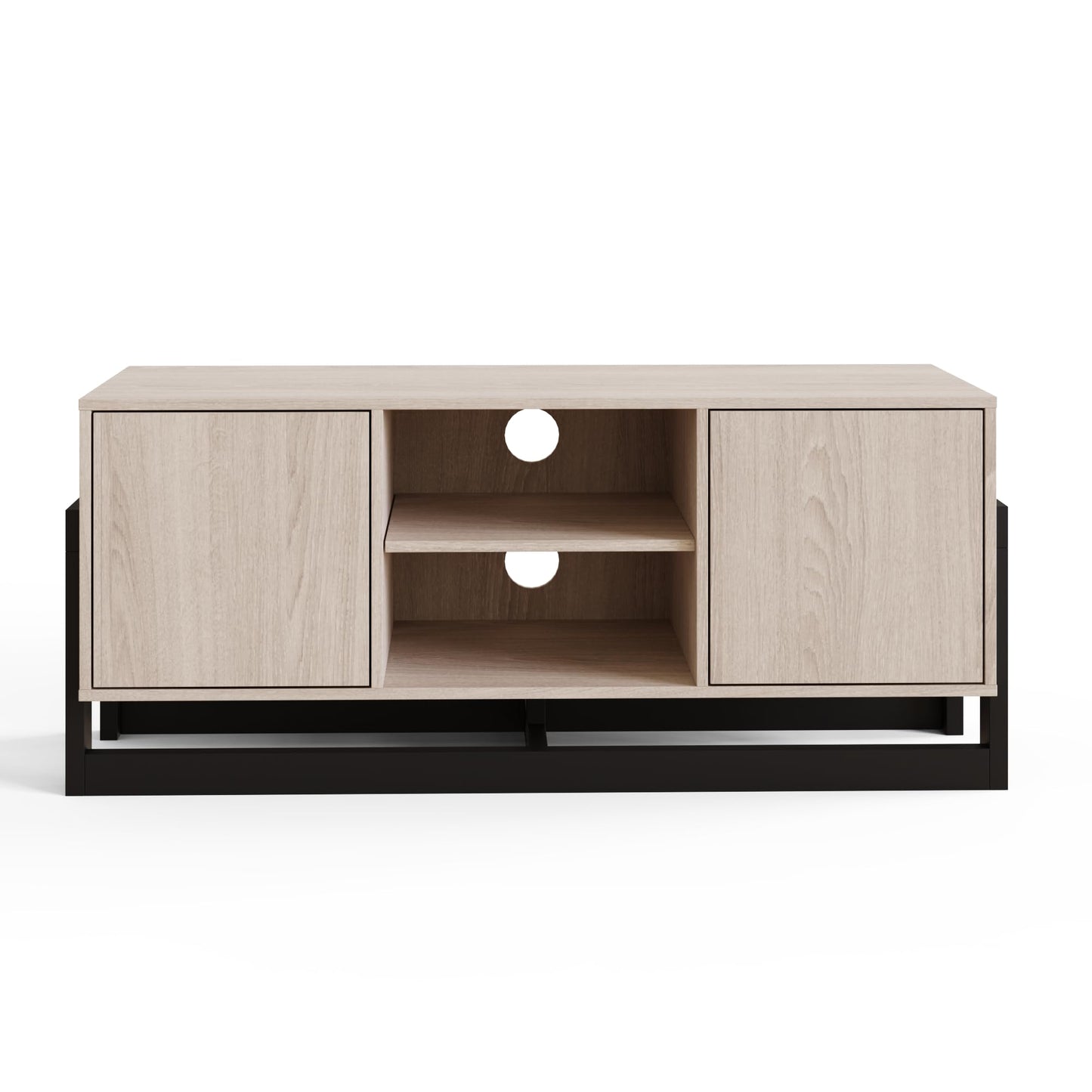 GFW Taite Oak 2 Door TV Unit, Modern TV Cabinet with Storage, Open Media Shelves and Black Metal Frame for TVs up to 50 Inches