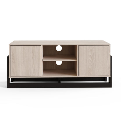 GFW Taite Oak 2 Door TV Unit, Modern TV Cabinet with Storage, Open Media Shelves and Black Metal Frame for TVs up to 50 Inches