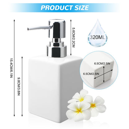 White Square Ceramic Soap Dispenser 320ml, Refillable Liquid Bottle with Anti‑Rust Long Spout Pump, Non‑Slip Base for Bathroom Vanity