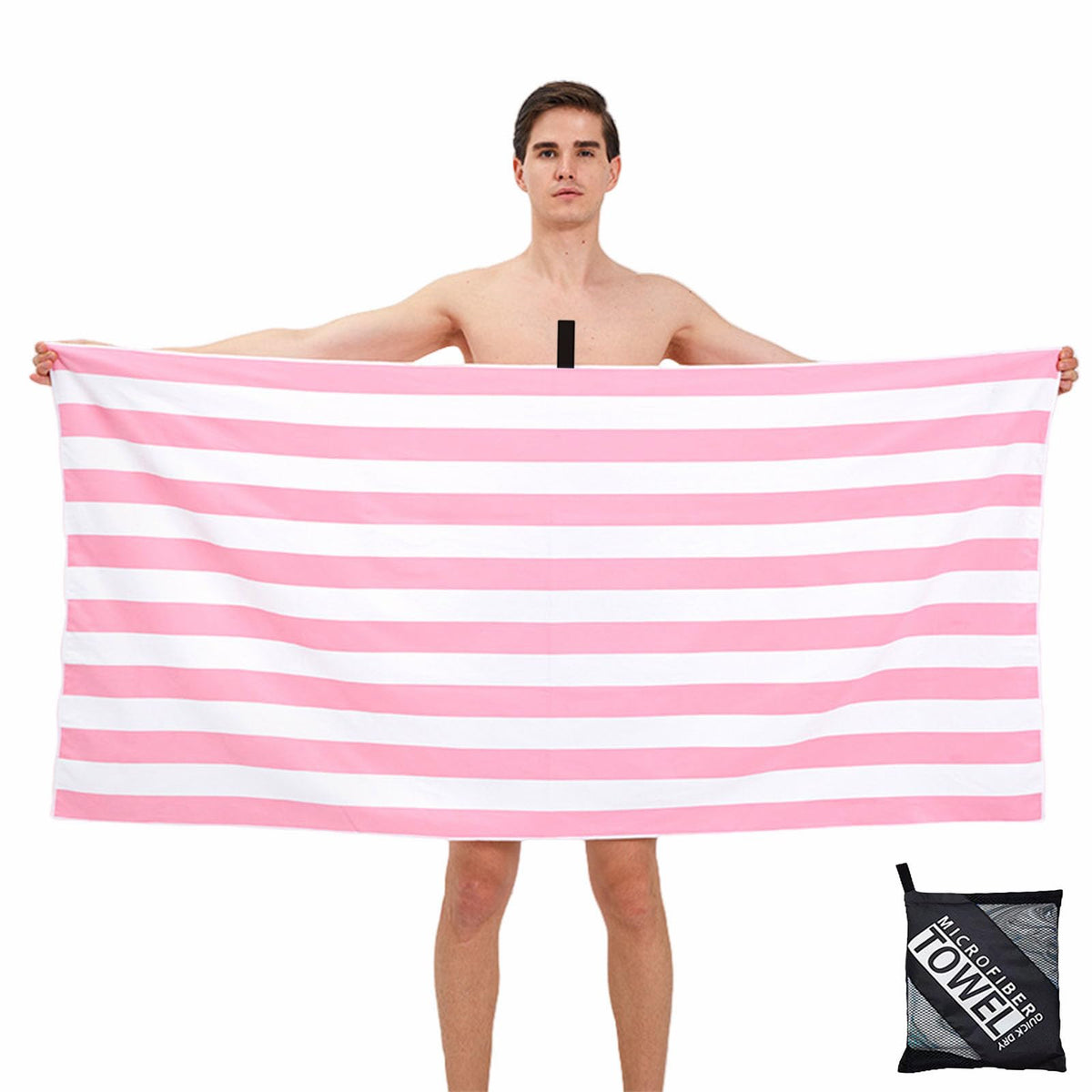 Large Microfibre Beach Towel for Adult,160x90cm Double Sides Pink Striped Sand Free Beach Towel,Lightweight Quick Dry Travel Swim Towel with