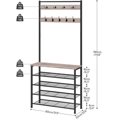 HOOBRO Coat Stand, Coat Rack with Shoe Storage, Free Standing Hall Tree with 9 Hooks, Shoe and Coat Rack for Hallway, Entryway, Metal Frame, Sturdy,