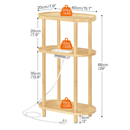 HOOBRO Narrow Side Table with Charging Station, 3 Tier Bamboo Slim End Table, 40 x 20 x 66 cm Narrow Bedside Table, Sofa Side Table, for Living Room