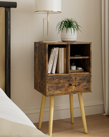 HEYZOEY Wooden Nightstand Mid-Century Modern Bedside Table, Rustic Brown