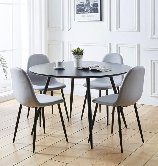 Hallowood Furniture Cullompton Large Round Table and Chairs Set 4, 120cm Wooden Effect Black Dining Room Table and Chairs in Grey Fabric, A Stylish