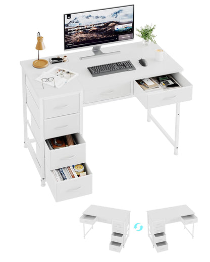 MUTUN 100x48 cm Desk, Small Computer Desk with 6 Fabric Drawers, Reversible Home Office Desk with Adjustable Feet, Work Desks for Office, Study
