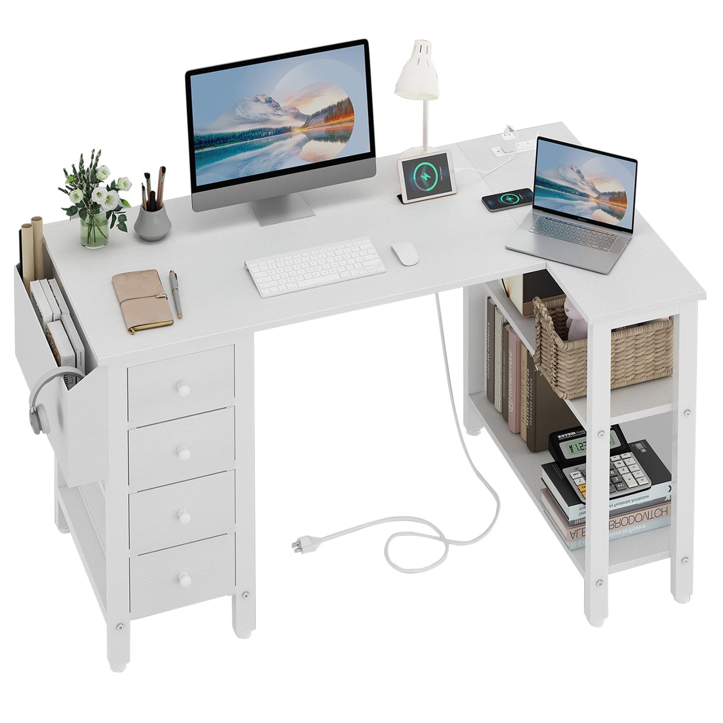 Lufeiya White L Shaped Computer Desk with Drawers & Storage Shelves, 120CM Corner Reversible Desk with UK Power Outlet for Home Office Bedroom