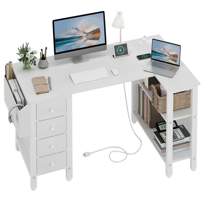 Lufeiya White L Shaped Computer Desk with Drawers & Storage Shelves, 120CM Corner Reversible Desk with UK Power Outlet for Home Office Bedroom