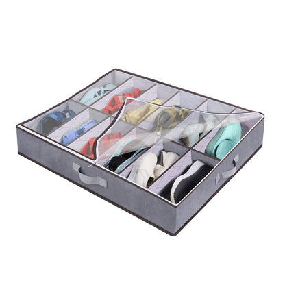 Nwvuop 2 Pack Under Bed Shoe Storage Organiser Box with Clear Lid Foldable Under Bed Shoes Bag, Fits 24 Pairs Grey