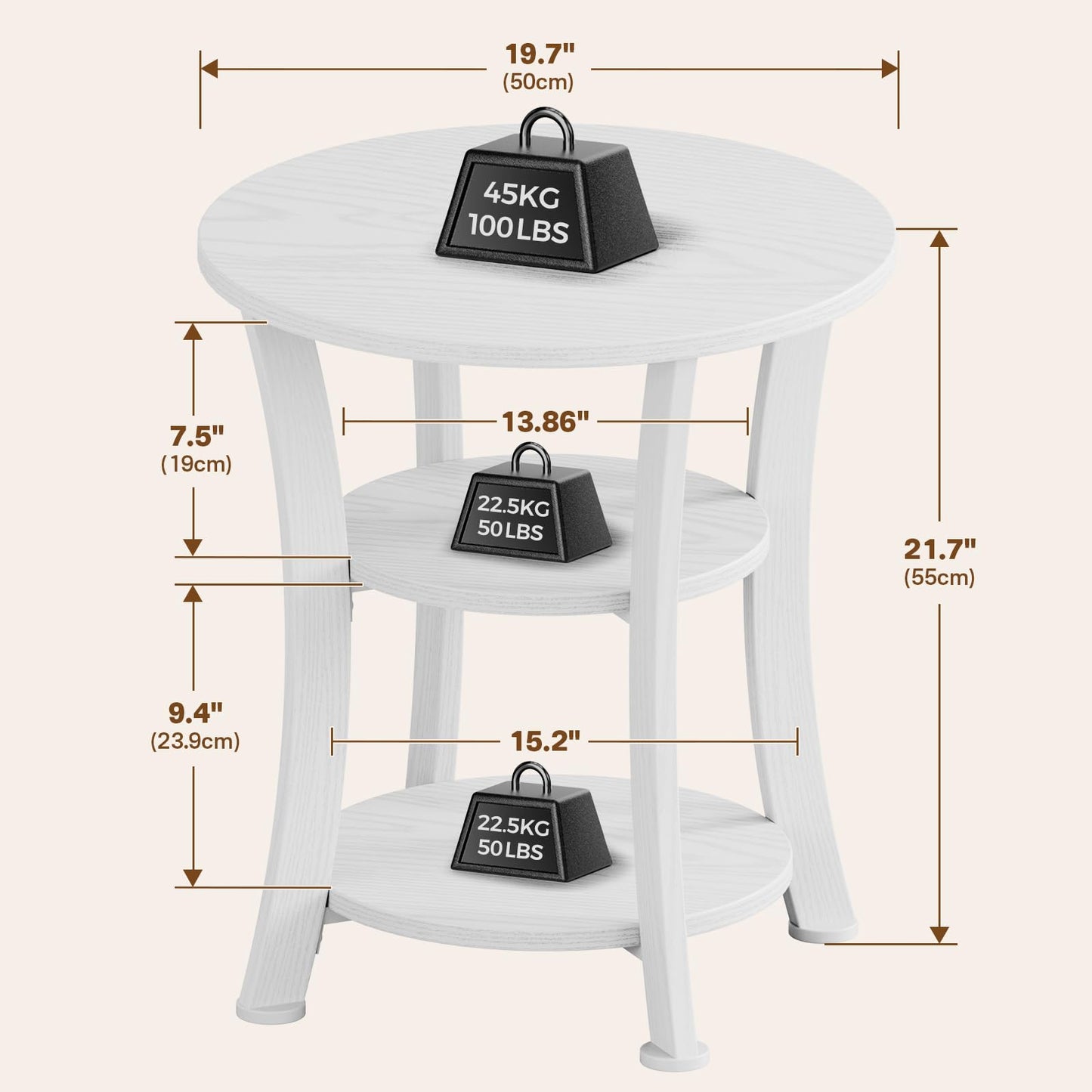 Yuede Round End Table, 3 Tier Side Table with Storage, Farmhouse Wood Side Table, Vintage Sofa Bedside Table Coffee Table for Bedroom Living Room