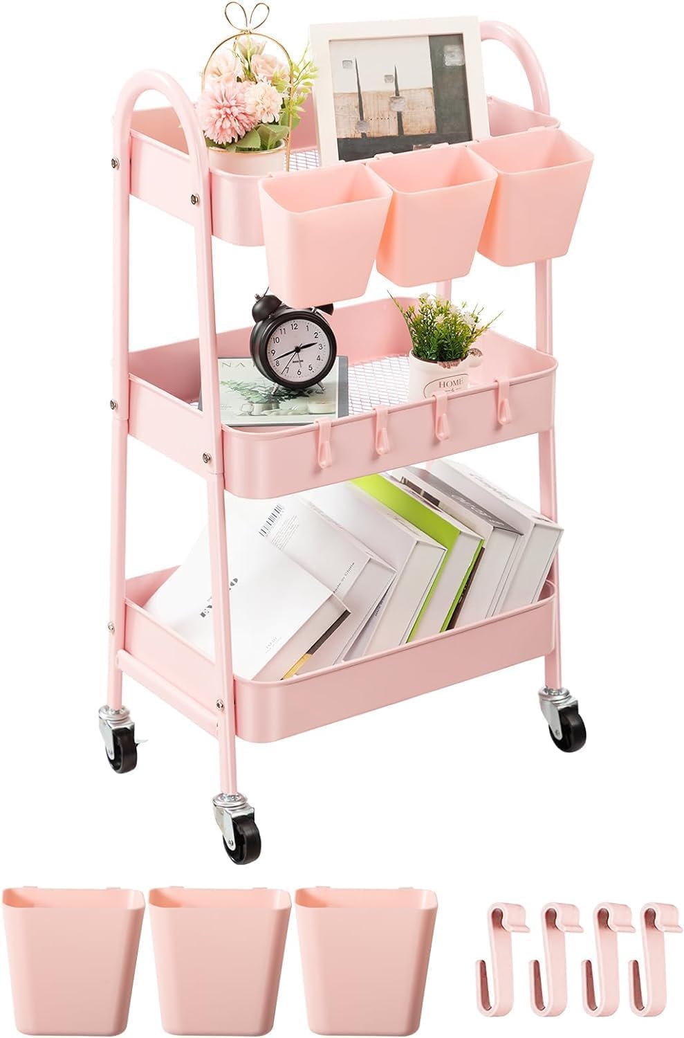 danpinera 3-Tier storage trolley, Metal storage cart with Lockable Wheels & Hanging Cups & Hooks, storage trolley on wheels for bathroom, kitchen