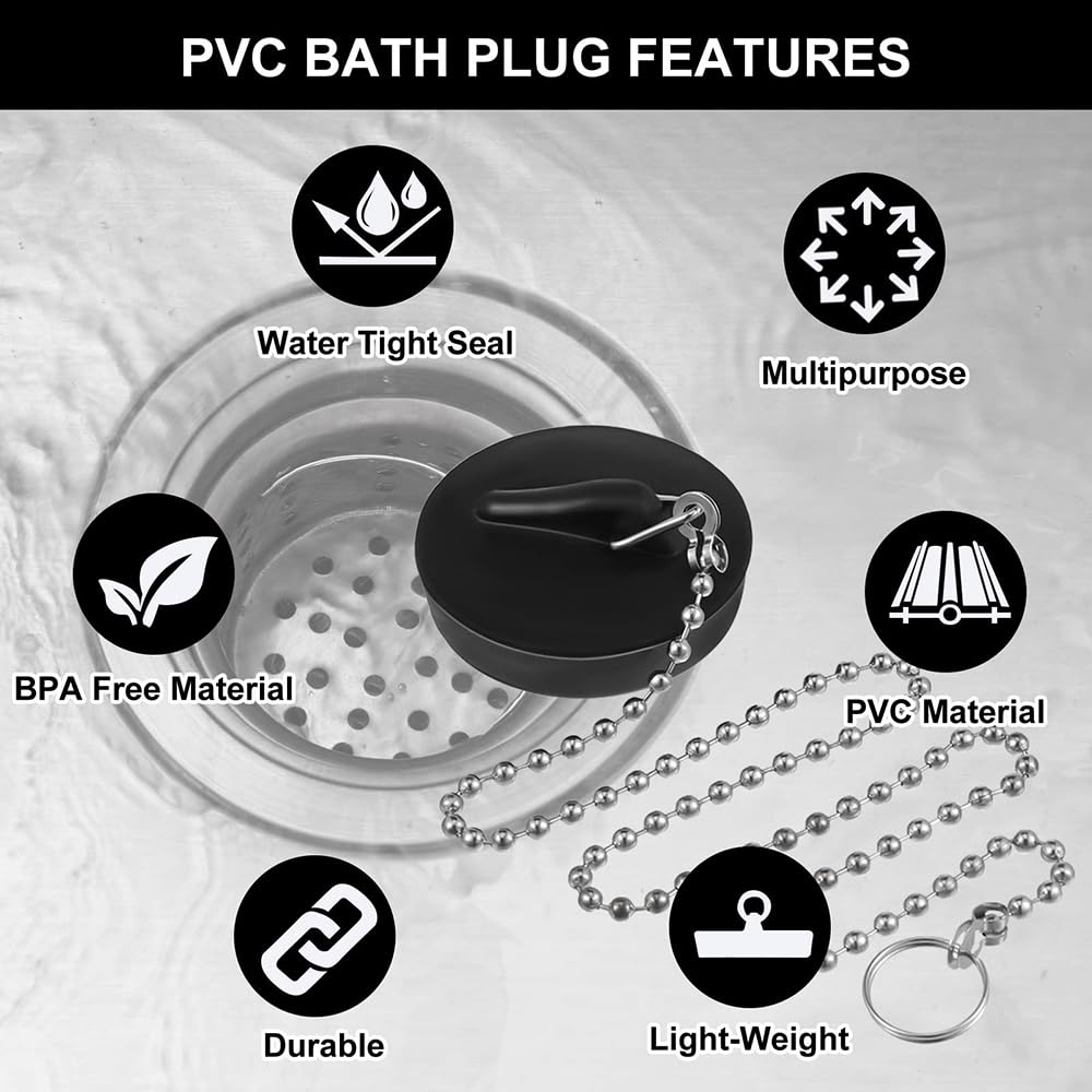 Yeenano Sink Plug,2 Pcs Kitchen Sink Plug Universal Rubber Drain Stopper with Stainless Steel Chain Sink Plug Replacement For Bathtub Sink Bathroom