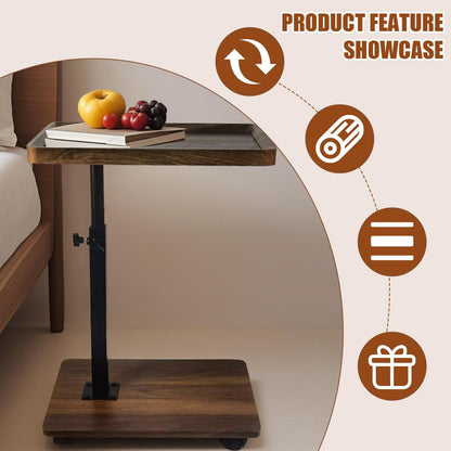 Adjustable Height C Shape Side Table,with 360 Degree Rotating Wheels ,Multifunctional Sofa Bed Side Table(Walnut Brown )